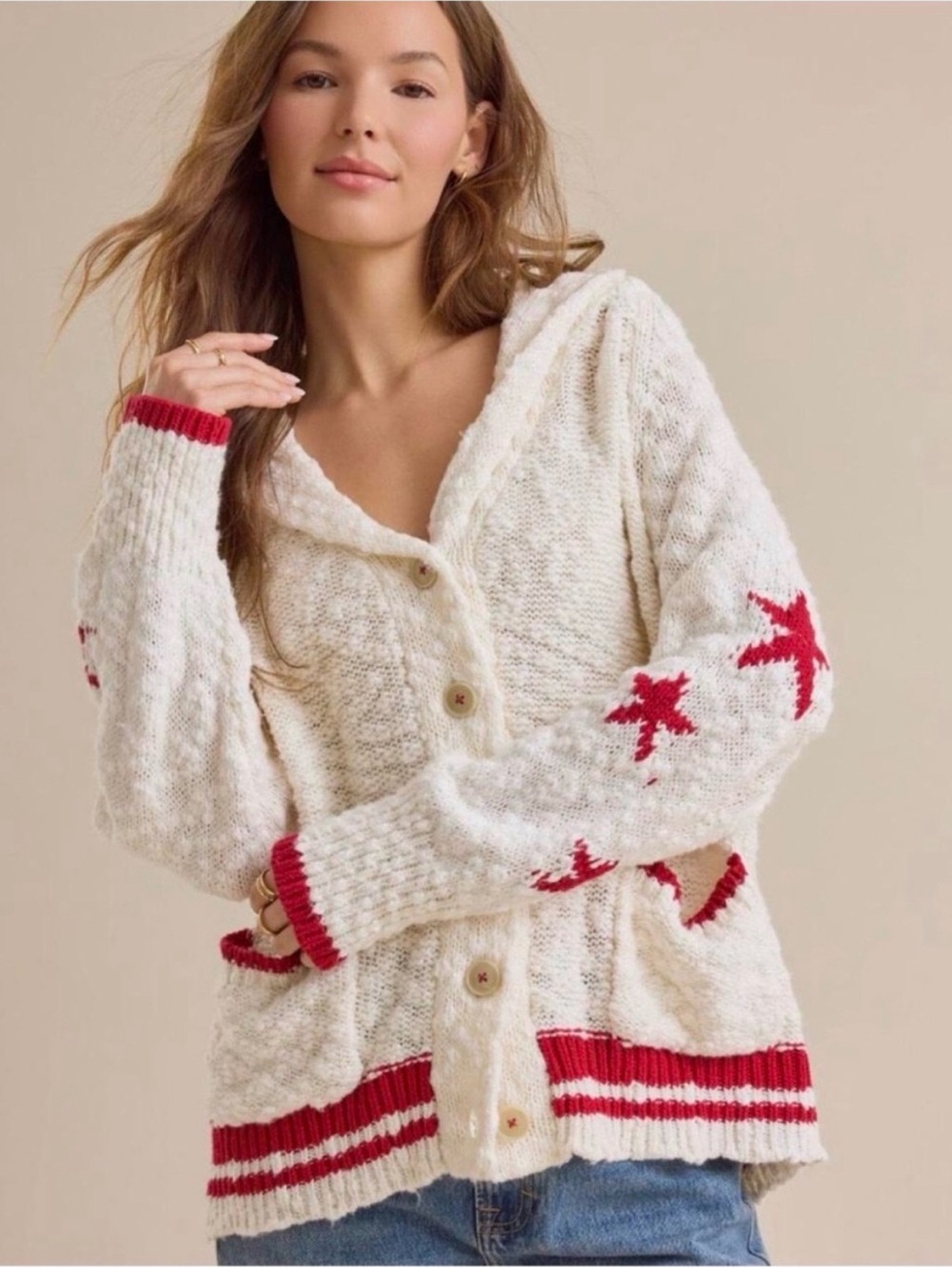 Altar'd State Cream Sweater with Red & Blue Flag Motif - Picture 4 of 11